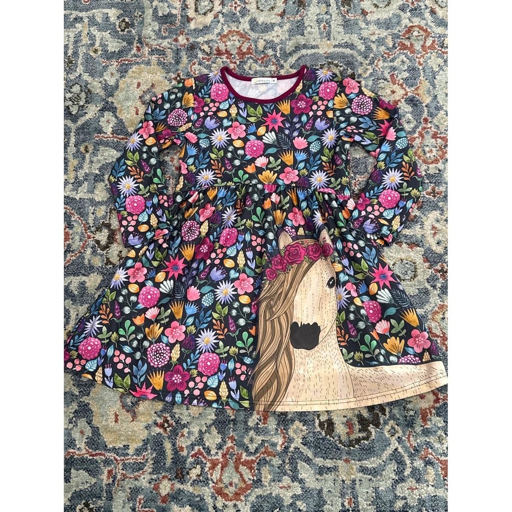 Sunshine Swing Dress Girls Size 8‎ Black Floral Horse Graphic Long Sleeve EUC